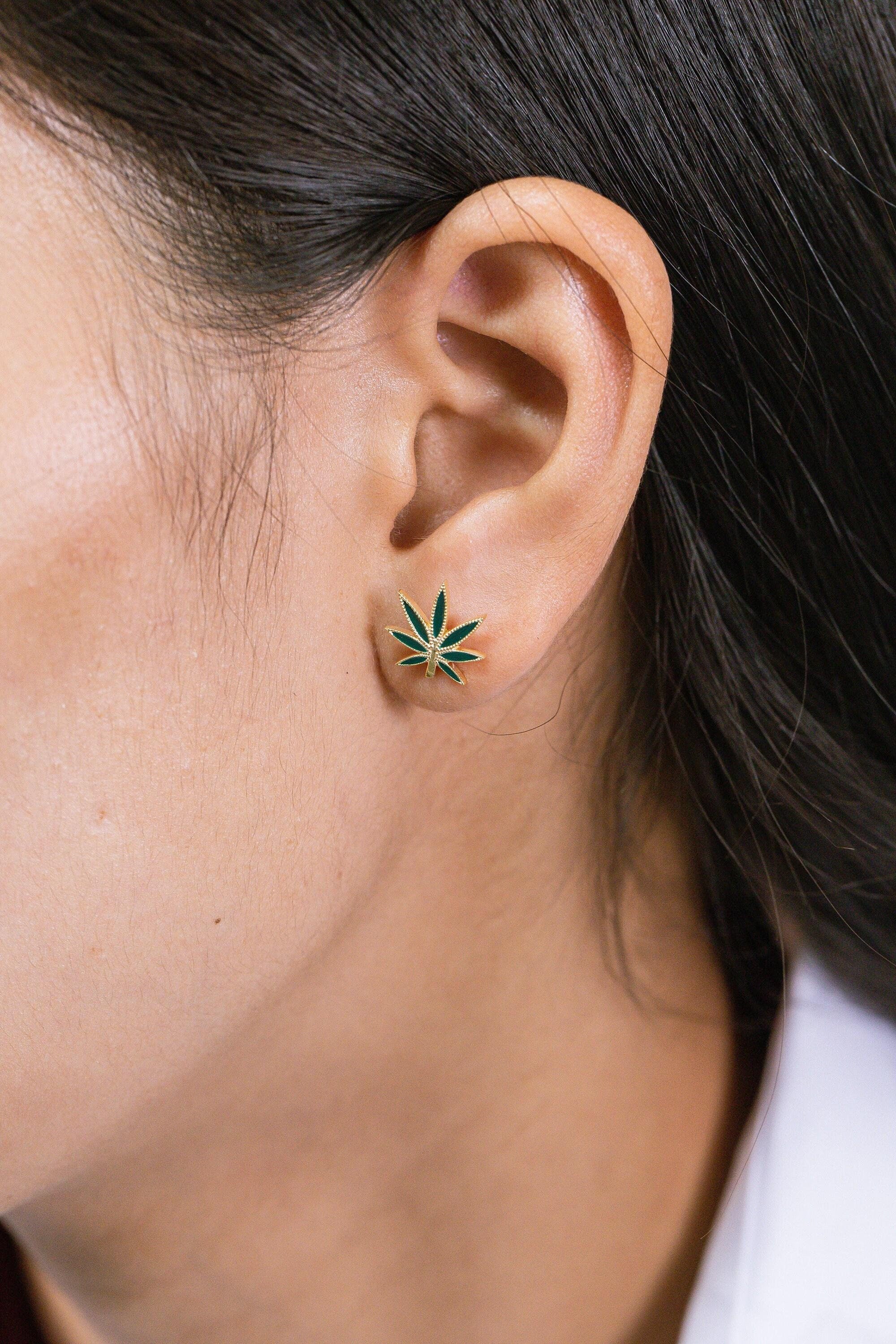 Cannabis Leaf Stud Earrings, Sterling Silver Marijuana Studs, Minimalist Gold Stud Earrings, Gift for Weed Lover